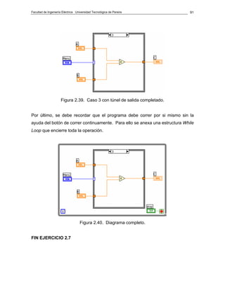 Facultad de Ingeniería Eléctrica Universidad Tecnológica de Pereira 
91 
Figura 2.39. Caso 3 con túnel de salida completado. 
Por último, se debe recordar que el programa debe correr por si mismo sin la 
ayuda del botón de correr continuamente. Para ello se anexa una estructura While 
Loop que encierre toda la operación. 
Figura 2.40. Diagrama completo. 
FIN EJERCICIO 2.7 
 