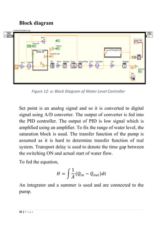31 | P a g e
Block diagram
Set point is an analog signal and so it is converted to digital
signal using A/D converter. The output of converter is fed into
the PID controller. The output of PID is low signal which is
amplified using an amplifier. To fix the range of water level, the
saturation block is used. The transfer function of the pump is
assumed as it is hard to determine transfer function of real
system. Transport delay is used to denote the time gap between
the switching ON and actual start of water flow.
To fed the equation,
𝐻 = ∫
1
𝐴
(𝑄𝑖𝑛 − 𝑄𝑜𝑢𝑡)𝑑𝑡
An integrator and a summer is used and are connected to the
pump.
Figure 12- a: Block Diagram of Water Level Controller
 