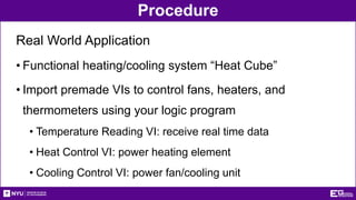 Procedure
Real World Application
• Functional heating/cooling system “Heat Cube”
• Import premade VIs to control fans, heaters, and
thermometers using your logic program
• Temperature Reading VI: receive real time data
• Heat Control VI: power heating element
• Cooling Control VI: power fan/cooling unit
 