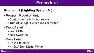 Procedure
Program 2 (Lighting System VI)
• Program Requirements
• Control the lights in four rooms
• Turn off all lights with a master switch
• Front Panel
• Four LEDs
• Five Switches
• Back Panel
• Case Structure
• NI ELVISmx Digital Writer
 