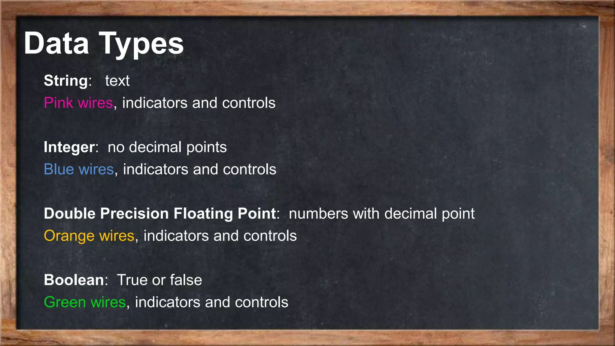 Data Types
String: text
Pink wires, indicators and controls
Integer: no decimal points
Blue wires, indicators and controls
Double Precision Floating Point: numbers with decimal point
Orange wires, indicators and controls
Boolean: True or false
Green wires, indicators and controls
 