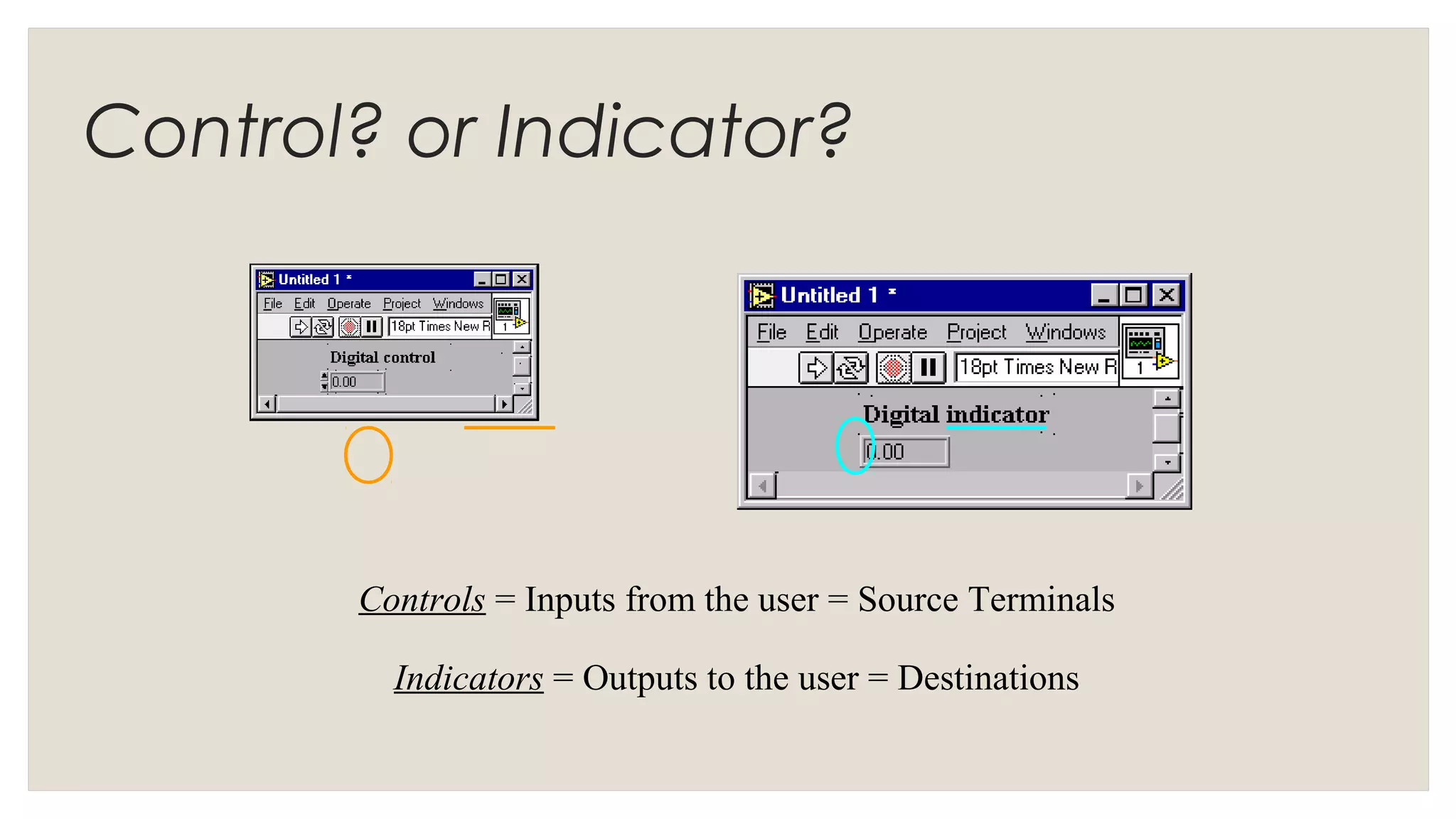Control? or Indicator?
Controls = Inputs from the user = Source Terminals
Indicators = Outputs to the user = Destinations
 