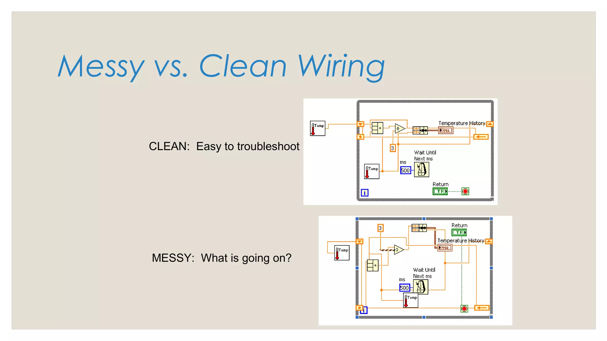 Messy vs. Clean Wiring
CLEAN: Easy to troubleshoot
MESSY: What is going on?
 
