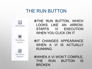 THE RUN BUTTON
THE RUN BUTTON, WHICH
LOOKS LIKE AN ARROW,
STARTS VI EXECUTION
WHEN YOU CLICK ON IT
IT CHANGES APPEARANCE
WHEN A VI IS ACTUALLY
RUNNING.
WHEN A VI WON’T COMPILE,
THE RUN BUTTON IS
BROKEN
 