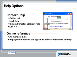 Help Options
Context Help
• Online help
• Lock help
• Simple/Complex Diagram help
• Ctrl + H
Online reference
• All menus online
• Pop up on functions in diagram to access online info directly
 