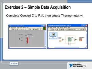 Exercise 2 – Simple Data Acquisition
Complete Convert C to F.vi, then create Thermometer.vi.
 