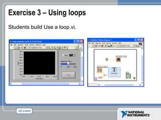 Exercise 3 – Using loops
Students build Use a loop.vi.
 