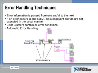 Error Handling Techniques
• Error information is passed from one subVI to the next
• If an error occurs in one subVI, all subsequent subVIs are not
executed in the usual manner
• Error Clusters contain all error conditions
• Automatic Error Handling
error clusters
 