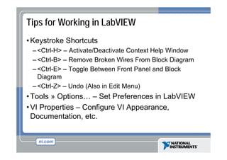 Tips for Working in LabVIEW
• Keystroke Shortcuts
y
– <Ctrl-H> – Activate/Deactivate Context Help Window
– <Ctrl-B> – Remove Broken Wires From Block Diagram
Ctrl B
– <Ctrl-E> – Toggle Between Front Panel and Block
Diagram
g
– <Ctrl-Z> – Undo (Also in Edit Menu)

• Tools » Options… – Set Preferences in LabVIEW
• VI Properties – Configure VI Appearance,
Documentation, etc.
Documentation etc

 