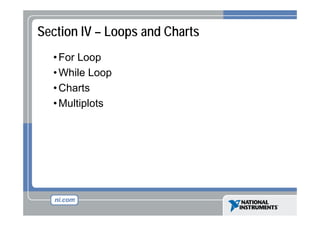 Section IV – Loops and Charts
• For Loop
p
• While Loop
• Charts
• Multiplots

 