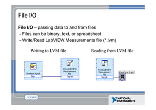 File I/O
File I/O – passing data to and from files
- Files can be binary, text, or spreadsheet
(
)
- Write/Read LabVIEW Measurements file (*.lvm)
Writing to LVM file

Reading from LVM file

 