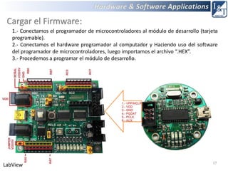 17
LabView
Cargar el Firmware:
1.- Conectamos el programador de microcontroladores al módulo de desarrollo (tarjeta
programable).
2.- Conectamos el hardware programador al computador y Haciendo uso del software
del programador de microcontroladores, luego importamos el archivo “.HEX”.
3.- Procedemos a programar el módulo de desarrollo.
 