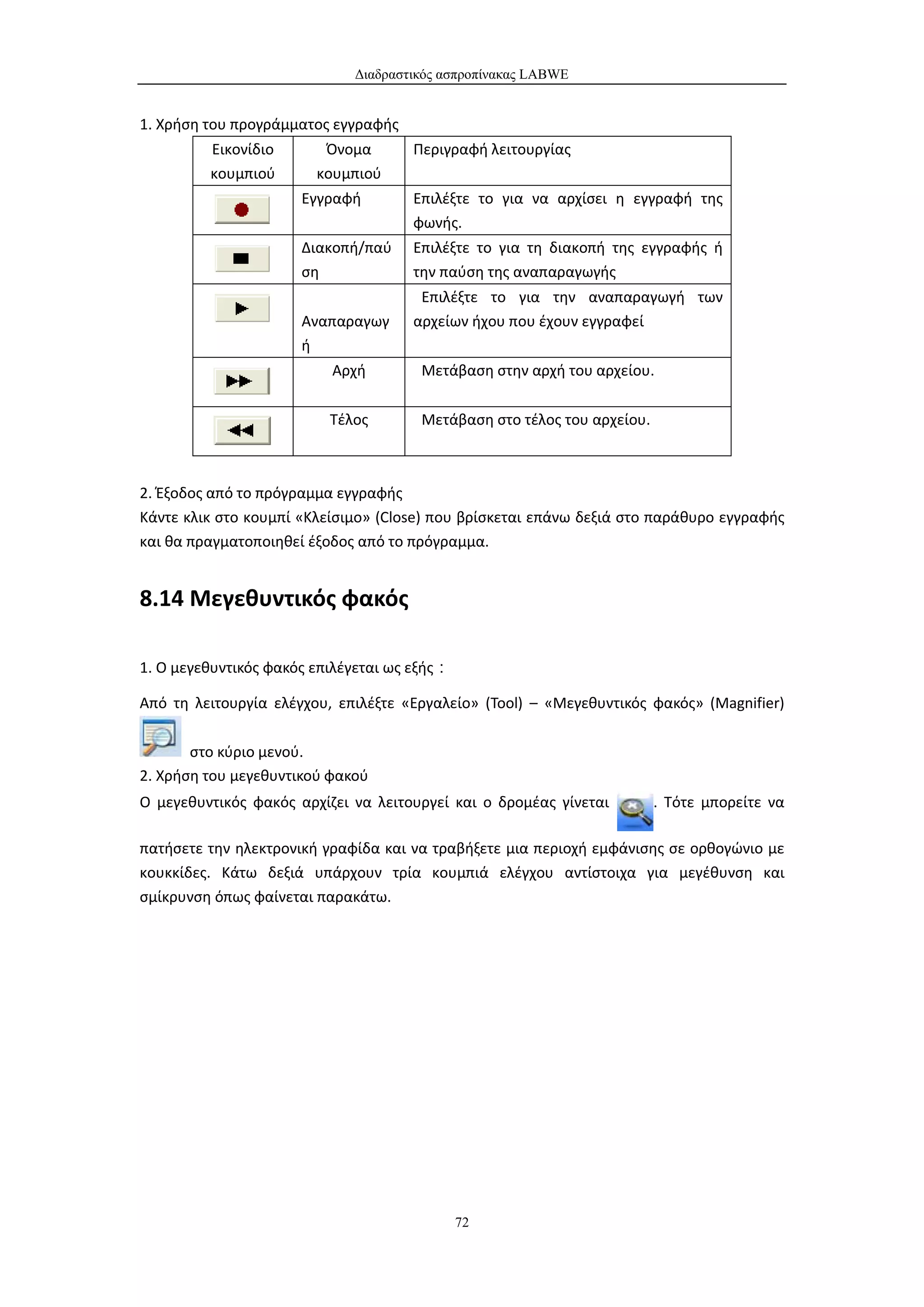 Διαδραστικός ασπροπίνακας LABWE


1. Χρήση του προγράμματος εγγραφής
         Εικονίδιο       Όνομα       Περιγραφή λειτουργίας
         κουμπιού       κουμπιού
                      Εγγραφή        Επιλέξτε το για να αρχίσει η εγγραφή της
                                     φωνής.
                      Διακοπή/παύ    Επιλέξτε το για τη διακοπή της εγγραφής ή
                      ση             την παύση της αναπαραγωγής
                                      Επιλέξτε το για την αναπαραγωγή των
                      Αναπαραγωγ     αρχείων ήχου που έχουν εγγραφεί
                      ή
                          Αρχή         Μετάβαση στην αρχή του αρχείου.


                          Τέλος        Μετάβαση στο τέλος του αρχείου.



2. Έξοδος από το πρόγραμμα εγγραφής
Κάντε κλικ στο κουμπί «Κλείσιμο» (Close) που βρίσκεται επάνω δεξιά στο παράθυρο εγγραφής
και θα πραγματοποιηθεί έξοδος από το πρόγραμμα.


8.14 Μεγεθυντικός φακός

1. Ο μεγεθυντικός φακός επιλέγεται ως εξής：

Από τη λειτουργία ελέγχου, επιλέξτε «Εργαλείο» (Tool) – «Μεγεθυντικός φακός» (Magnifier)

       στο κύριο μενού.
2. Χρήση του μεγεθυντικού φακού
Ο μεγεθυντικός φακός αρχίζει να λειτουργεί και ο δρομέας γίνεται         . Τότε μπορείτε να

πατήσετε την ηλεκτρονική γραφίδα και να τραβήξετε μια περιοχή εμφάνισης σε ορθογώνιο με
κουκκίδες. Κάτω δεξιά υπάρχουν τρία κουμπιά ελέγχου αντίστοιχα για μεγέθυνση και
σμίκρυνση όπως φαίνεται παρακάτω.




                                              72
 
