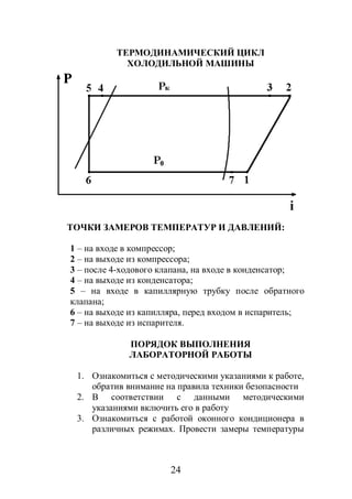 ТЕРМОДИНАМИЧЕСКИЙ ЦИКЛ 
ХОЛОДИЛЬНОЙ МАШИНЫ 
ТОЧКИ ЗАМЕРОВ ТЕМПЕРАТУР И ДАВЛЕНИЙ: 
1 – на входе в компрессор; 
2 – на выходе из компрессора; 
3 – после 4-ходового клапана, на входе в конденсатор; 
4 – на выходе из конденсатора; 
5 – на входе в капиллярную трубку после обратного 
клапана; 
6 – на выходе из капилляра, перед входом в испаритель; 
7 – на выходе из испарителя. 
ПОРЯДОК ВЫПОЛНЕНИЯ 
ЛАБОРАТОРНОЙ РАБОТЫ 
1. Ознакомиться с методическими указаниями к работе, 
обратив внимание на правила техники безопасности 
2. В соответствии с данными методическими 
указаниями включить его в работу 
3. Ознакомиться с работой оконного кондиционера в 
различных режимах. Провести замеры температуры 
24 
 