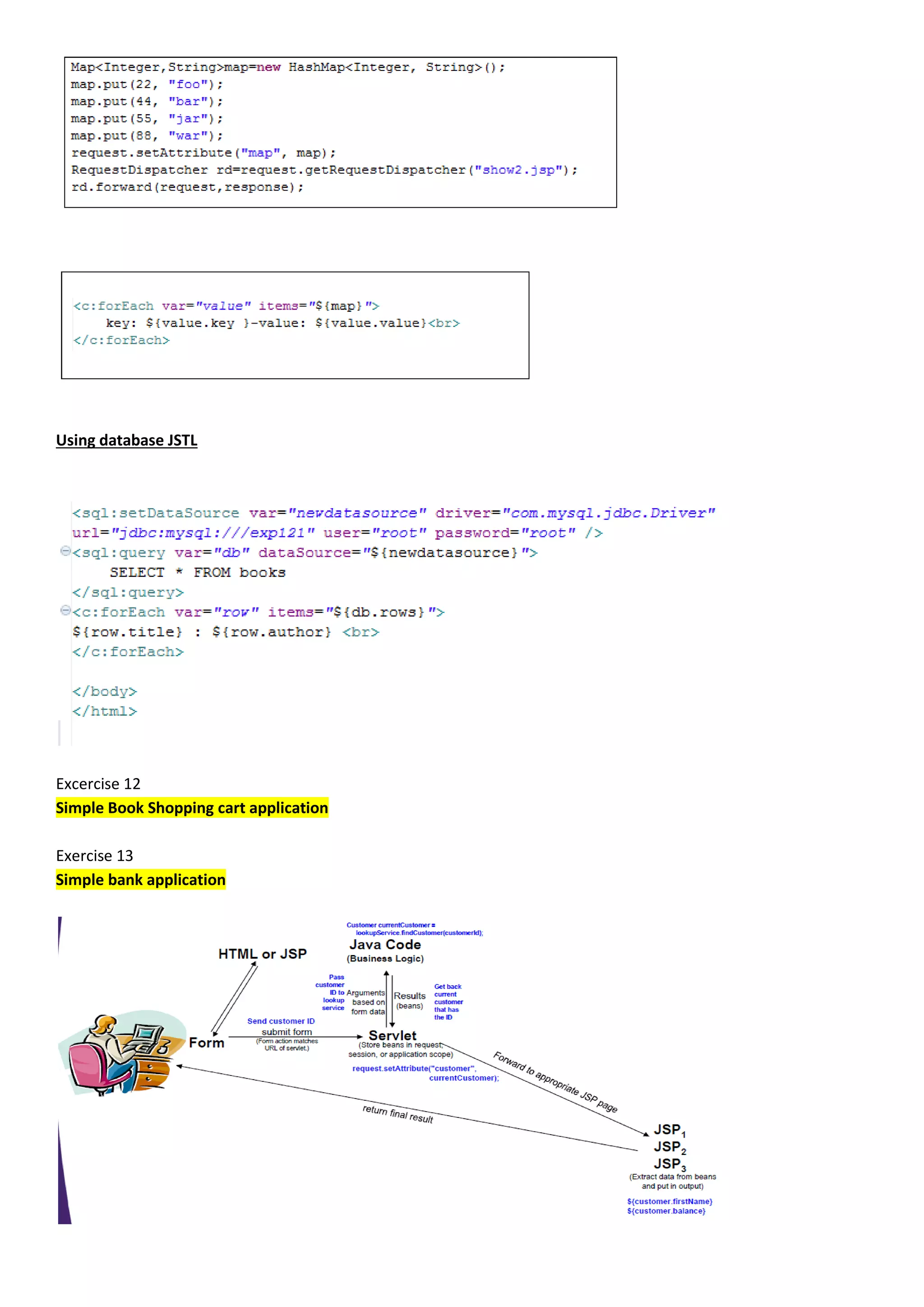 Using database JSTL




Excercise 12
Simple Book Shopping cart application

Exercise 13
Simple bank application
 