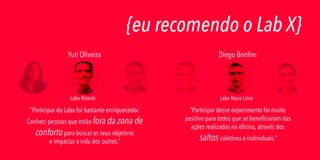 {eu recomendo o Lab X}
Yuri Oliveira

Diego Bonfim

Labx Niterói

Labx Nova Lima

“Participar do Labx foi bastante enriquecedor.
Conheci pessoas que estão fora da zona de

conforto para buscar os seus objetivos
e impactar a vida dos outros.”

“Participar desse experimento foi muito
positivo para todos que se beneficiaram das
ações realizadas na oficina, através dos

saltos coletivos e individuais.”

 