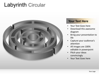 Labyrinth Circular

                      Your Text Here
                     • Your Text Goes here
                     • Download this awesome
                       diagram
                     • Bring your presentation to
                       life
                     • Capture your audience’s
                       attention
                     • All images are 100%
                       editable in powerpoint
                     • Pitch your ideas
                       convincingly
                     • Your Text Goes here




                                         Your Logo
 