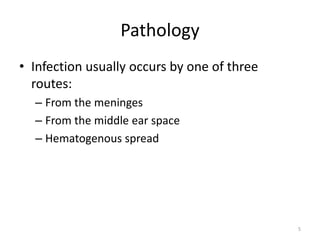 Pathology
• Infection usually occurs by one of three
routes:
– From the meninges
– From the middle ear space
– Hematogenous spread

5

 