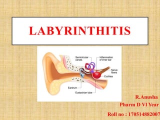 LABYRINTHITIS
R.Anusha
Pharm D Vl Year
Roll no : 170514882007
 