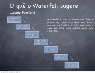 O quê o Waterfall sugere
                 ...como funciona
                 System                                       A intenção é que, terminada uma fase, o
              Requirements
                                                              projeto siga para a próxima sem jamais
                                Software                      retornar um trabalho já feito, assim como a
                              Requirements                    água que corre numa cascata nunca volta
                                                              para cima.
                                         Analysis


                                                    Program
                                                     Design


                                                              Coding


                                                                       Testing


                                                                                 Operations


quinta-feira, 23 de dezembro de 2010
 