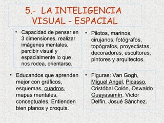 5.- LA INTELIGENCIA
       VISUAL - ESPACIAL
 • Capacidad de pensar en    • Pilotos, marinos,
   3 dimensiones, realizar     cirujanos, fotógrafos,
   imágenes mentales,          topógrafos, proyectistas,
   percibir visual y           decoradores, escultores,
   espacialmente lo que        pintores y arquitectos.
   nos rodea, orientarse.

• Educandos que aprenden     • Figuras: Van Gogh,
  mejor con gráficos,          Miguel Angel, Picasso,
  esquemas, cuadros,           Cristóbal Colón, Oswaldo
  mapas mentales,              Guayasamín, Victor
  conceptuales. Entienden      Delfin, Josué Sánchez.
  bien planos y croquis.
 