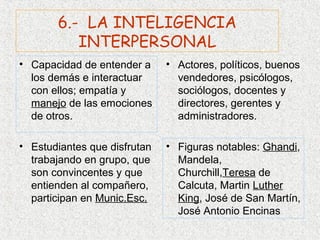 6.- LA INTELIGENCIA
          INTERPERSONAL
• Capacidad de entender a     • Actores, políticos, buenos
  los demás e interactuar       vendedores, psicólogos,
  con ellos; empatía y          sociólogos, docentes y
  manejo de las emociones       directores, gerentes y
  de otros.                     administradores.

• Estudiantes que disfrutan   • Figuras notables: Ghandi,
  trabajando en grupo, que      Mandela,
  son convincentes y que        Churchill,Teresa de
  entienden al compañero,       Calcuta, Martin Luther
  participan en Munic.Esc.      King, José de San Martín,
                                José Antonio Encinas
 