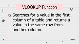  Searches for a value in the first
column of a table and returns a
value in the same row from
another column.
VLOOKUP Function
 