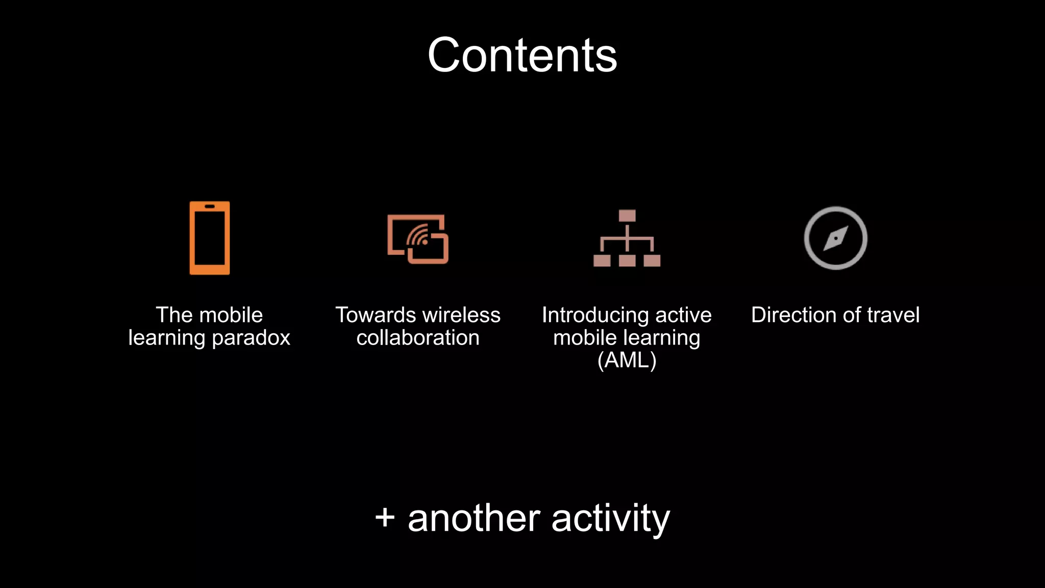 Contents
The mobile
learning paradox
Towards wireless
collaboration
Introducing active
mobile learning
(AML)
Direction of travel
+ another activity
 