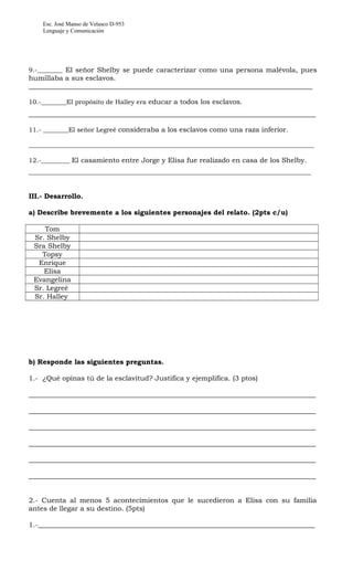 Esc. José Manso de Velasco D-953
Lenguaje y Comunicación
9.-________ El señor Shelby se puede caracterizar como una persona malévola, pues
humillaba a sus esclavos.
__________________________________________________________________________________
10.-________El propósito de Halley era educar a todos los esclavos.
___________________________________________________________________________________
11.- ________El señor Legreé consideraba a los esclavos como una raza inferior.
__________________________________________________________________________________________
12.-_________ El casamiento entre Jorge y Elisa fue realizado en casa de los Shelby.
_________________________________________________________________________________________
III.- Desarrollo.
a) Describe brevemente a los siguientes personajes del relato. (2pts c/u)
Tom
Sr. Shelby
Sra Shelby
Topsy
Enrique
Elisa
Evangelina
Sr. Legreé
Sr. Halley
b) Responde las siguientes preguntas.
1.- ¿Qué opinas tú de la esclavitud? Justifica y ejemplifica. (3 ptos)
___________________________________________________________________________________
___________________________________________________________________________________
___________________________________________________________________________________
___________________________________________________________________________________
___________________________________________________________________________________
___________________________________________________________________________________
2.- Cuenta al menos 5 acontecimientos que le sucedieron a Elisa con su familia
antes de llegar a su destino. (5pts)
1.-________________________________________________________________________________
 
