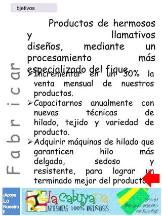 Objetivos


                      Productos de hermosos
                 y                 llamativos
                 diseños,     mediante     un
                 procesamiento           más
                 Incrementar del fique.
                 especializado en un 30% la
F a b r i c ar


                  venta mensual de nuestros
                  productos.
                 Capacitarnos anualmente con
                  nuevas        técnicas       de
                  hilado, tejido y variedad de
                  producto.
                 Adquirir máquinas de hilado que
                  garanticen       hilo      más
                  delgado,        sedoso        y
                  resistente, para lograr un
                  terminado mejor del producto.
 