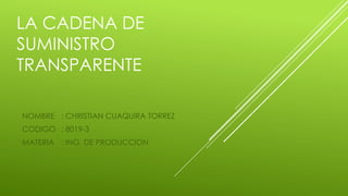 LA CADENA DE
SUMINISTRO
TRANSPARENTE
NOMBRE : CHRISTIAN CUAQUIRA TORREZ
CODIGO : 8019-3
MATERIA : ING. DE PRODUCCION
 
