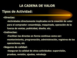 LA CADENA DE VALOR  Tipos de Actividad: Directas: Actividades directamente implicadas en la creación de valor para el comprador: ensamblaje, maquinado, operación de la fuerza de ventas, publicidad, diseño, etc. Indirectas: Facilitan las directas en forma continua como ser: mantenimiento, programación, administración, registros de las operaciones, etc Seguros de calidad: Aseguran la calidad de otras actividades: supervisión, pruebas, revisión, ajustes, retrabajo 