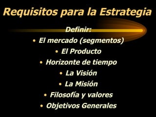 Requisitos para la  Estrategia Definir: El mercado (segmentos) El Producto Horizonte de tiempo La Visión La Misión Filosofía y valores Objetivos Generales 