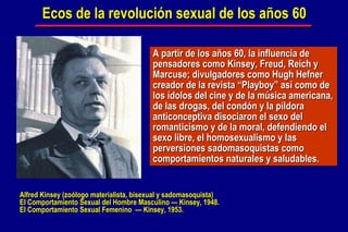 Ecos de la revolución sexual de los años 60 A partir de los años 60, la influencia de pensadores como Kinsey, Freud, Reich y Marcuse; divulgadores como Hugh Hefner creador de la revista “Playboy” así como de los ídolos del cine y de la música americana, de las drogas, del condón y la píldora anticonceptiva disociaron el sexo del romanticismo y de la moral, defendiendo el sexo libre, el homosexualismo y las perversiones sadomasoquistas como comportamientos naturales y saludables.  Alfred Kinsey (zoólogo materialista, bisexual y sadomasoquista)  El Comportamiento Sexual del Hombre Masculino — Kinsey, 1948. El Comportamiento Sexual Femenino  — Kinsey, 1953. 