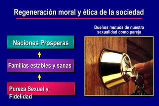 Regeneración moral y ética de la sociedad Naciones Prosperas Familias estables y sanas Pureza Sexual y Fidelidad Dueños mutuos de nuestra sexualidad como pareja 