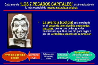 Cada uno de   “LOS 7 PECADOS CAPITALES”   está enraizado en lo más esencial de   nuestra naturaleza original : DIRECCION CORRECTA DIRECCION FALSA Avaricia, egoísmo  codicia Generosidad La avaricia (codicia)   está enraizada en el   deseo de tener dominio sobre todas las cosas , que es una de las grandes bendiciones que Dios nos dio para llegar a ser los   verdaderos  señores de su Creación . altruismo, desapego, benevolencia, magnanimidad Relación con personas y cosas 