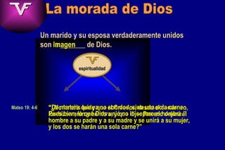 Génesis Jesucristo espiritualidad La morada de Dios Un marido y su esposa verdaderamente unidos son la _______ de Dios. imagen Mateo 19: 4-6 “ ¿No habéis leído que el Creador, desde el comienzo,  los hizo varón y hembra, y que dijo: Por eso dejará el hombre a su padre y a su madre y se unirá a su mujer, y los dos se harán una sola carne?”  “ De manera que ya no son dos, sino una sola carne. Pues bien, lo que Dios unió no lo separe el hombre. ” 
