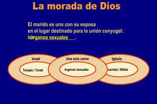 La morada de Dios El marido es uno con su esposa en el lugar destinado para la unión conyugal: los ________________. órganos sexuales Israel Templo / Torah Iglesia Eucaristía / Biblia Una sola carne órganos sexuales 
