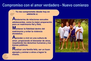 Compromiso con el amor verdadero - Nuevo comienzo Yo me comprometo desde hoy en adelante a: A bstenerme de relaciones sexuales adolescentes, como la mejor preparación para un matrimonio fiel y feliz. M antener la fidelidad dentro del matrimonio y evitar la violencia doméstica. A prender a vivir en una cultura de amor, propiciando el bienestar de otros, respetando los derechos humanos y los bienes públicos. R ealizar una familia feliz, ser un buen ejemplo y animar a otros a lograr lo mismo. 