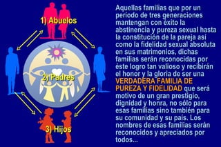 Aquellas familias que por un período de tres generaciones mantengan con éxito la abstinencia y pureza sexual hasta la constitución de la pareja así como la fidelidad sexual absoluta en sus matrimonios, dichas familias serán reconocidas por éste logro tan valioso y recibirán el honor y la gloria de ser una  VERDADERA FAMILIA DE PUREZA Y FIDELIDAD  que será motivo de un gran prestigio, dignidad y honra, no sólo para esas familias sino también para su comunidad y su país. Los nombres de esas familias serán reconocidos y apreciados por todos. ..   3) Hijos 1) Abuelos 2) Padres 