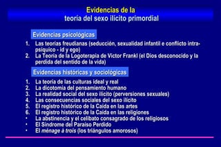 Las teorías freudianas (seducción, sexualidad infantil e conflicto intra-psíquico - id y ego) La Teoría de la Logoterapia de Victor Frankl (el Dios desconocido y la perdida del sentido de la vida) Evidencias de la  teoría del sexo ilícito primordial La teoría de las culturas ideal y real La dicotomía del pensamiento humano La realidad social del sexo ilícito (perversiones sexuales) Las consecuencias sociales del sexo ilícito  El registro histórico de la Caída en las artes El registro histórico de la Caída en las religiones  La abstinencia y el celibato consagrado de los religiosos El Síndrome del Paraíso Perdido El  ménage à trois  (los triángulos amorosos) Evidencias psicológicas Evidencias históricas y sociológicas 