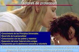 Factores de protección Estos factores de protección ayudan a los jóvenes a mantenerse lejos de las drogas los vicios y otras influencias dañinas que ofrece el entorno. Conocimiento de los Principios Universales Desarrollo de la personalidad Comunicación con los padres y maestros Expansión del amor fraternal entre amigos  Compromiso por la abstinencia conciente y voluntaria 