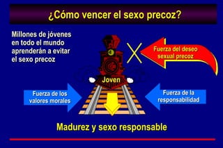 ¿Cómo vencer el sexo precoz? Fuerza del deseo sexual precoz Madurez y sexo responsable Fuerza de los valores morales Fuerza de la responsabilidad Joven Millones de jóvenes en todo el mundo  aprenderán a evitar el sexo precoz 