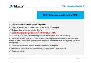 ICO – Internacionalización 2012




                                                 ICO - Internacionalización 2012


    Para autónomos y todo tipo de empresas.
    Hasta el 100% (IVA incluido) con un máximo de 10.000.000€
    Subvención del tipo de interés: 0,35%.
    Coste final cliente: Euribor 6 m + dif. ICO 3% + 1,15%.
    Plazos: 3, 5, 7, 10 ó 12 años (con posibilidad de hasta 2 años de carencia).
    Finalidad: Activos fijos productivos nuevos o de segunda mano, vehículos turismos de
   hasta 30.000€, adquisición y creación de empresas residentes en el extranjero e IVA de las
   inversiones.
    Todas las inversiones habrán de realizarse fuera de España.
    Antiguedad máxima de las inversiones no superior al 1 Enero de 2011.
    Sujeta a minimis.



9247 – Delegación General de Alicante y Murcia                                          01/03/2012   5
 