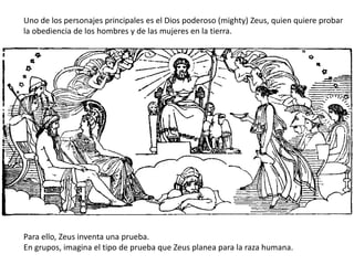 Uno de los personajes principales es el Dios poderoso (mighty) Zeus, quien quiere probar
la obediencia de los hombres y de las mujeres en la tierra.
Para ello, Zeus inventa una prueba.
En grupos, imagina el tipo de prueba que Zeus planea para la raza humana.
 