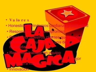 Valores •  Honestidad brindamos confianza y seguridad •  Responsabilidad y compromiso •  Pasión por nuestros clientes que queden satisfechos y cubrir cada una de sus necesidades •  Respeto y trabajar en equipo •  Excelencia en el servicio brindar la mejor atención a nuestros clientes •  Innovación 