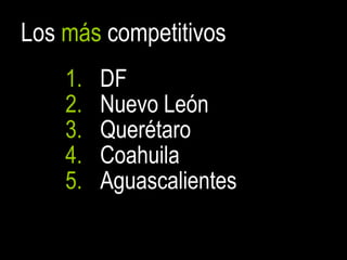 Los más competitivos
    1.   DF
    2.   Nuevo León
    3.   Querétaro
    4.   Coahuila
    5.   Aguascalientes

                          7
 