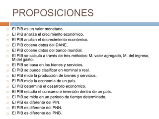 PROPOSICIONES
   El PIB es un valor monetario.
   El PIB analiza el crecimiento económico.
   El PIB analiza el decrecimiento económico.
   El PIB obtiene datos del DANE.
   El PIB obtiene datos del banco mundial.
   El PIB se calcula a través de tres métodos: M. valor agregado, M. del ingreso,
    M del gasto.
   El PIB se basa en los bienes y servicios.
   El PIB se puede clasificar en nominal o real.
   El PIB mide la producción de bienes y servicios.
   El PIB mide la economía de un país.
   El PIB determina el desarrollo económico.
   El PIB estudia el consumo e inversión dentro de un país.
   El PIB se mide en un periodo de tiempo determinado.
   El PIB es diferente del PIN.
   El PIB es diferente del PNN.
   El PIB es diferente del PNB.
 