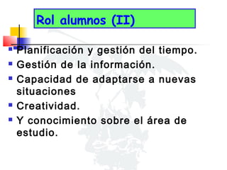 Rol alumnos (II)







Planificación y gestión del tiempo.
Gestión de la información.
Capacidad de adaptarse a nuevas
situaciones
Creatividad.
Y conocimiento sobre el área de
estudio.

 