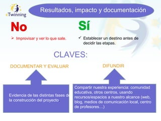 Resultados, impacto y documentación
 Improvisar y ver lo que sale.  Establecer un destino antes de
decidir las etapas.
CLAVES:
DOCUMENTAR Y EVALUAR
Evidencia de las distintas fases de
la construcción del proyecto.
Compartir nuestra experiencia: comunidad
educativa, otros centros, usando
recursos/espacios a nuestro alcance (web,
blog, medios de comunicación local, centro
de profesores…)
DIFUNDIR
 